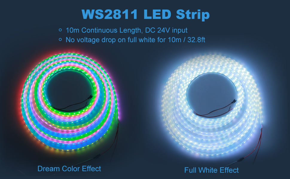 32.8ft Addressable RGB LED Strip Light WS2811 Dream Color Digital Programmable Flexible LED Pixel Tape Light 24V 10m 600 LEDs 50