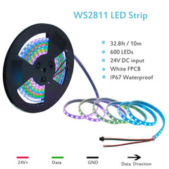 32.8ft Addressable RGB LED Strip Light WS2811 Dream Color Digital Programmable Flexible LED Pixel Tape Light 24V 10m 600 LEDs 50