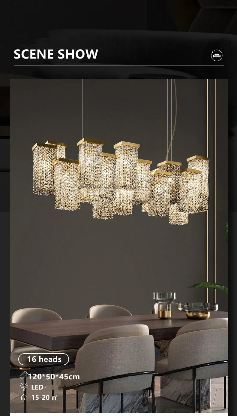 2024 New Modern Three-dimensional Crystal Chandelier Bar Lighting Island Luster Hotel Restaurant Decor Rectangular Hanging Light