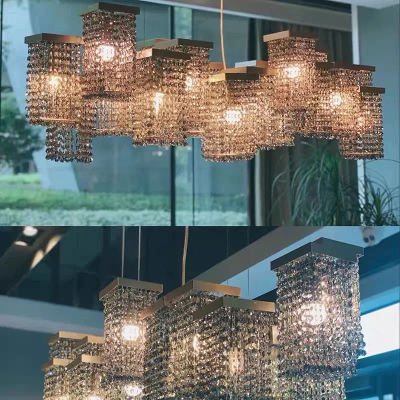 2024 New Modern Three-dimensional Crystal Chandelier Bar Lighting Island Luster Hotel Restaurant Decor Rectangular Hanging Light