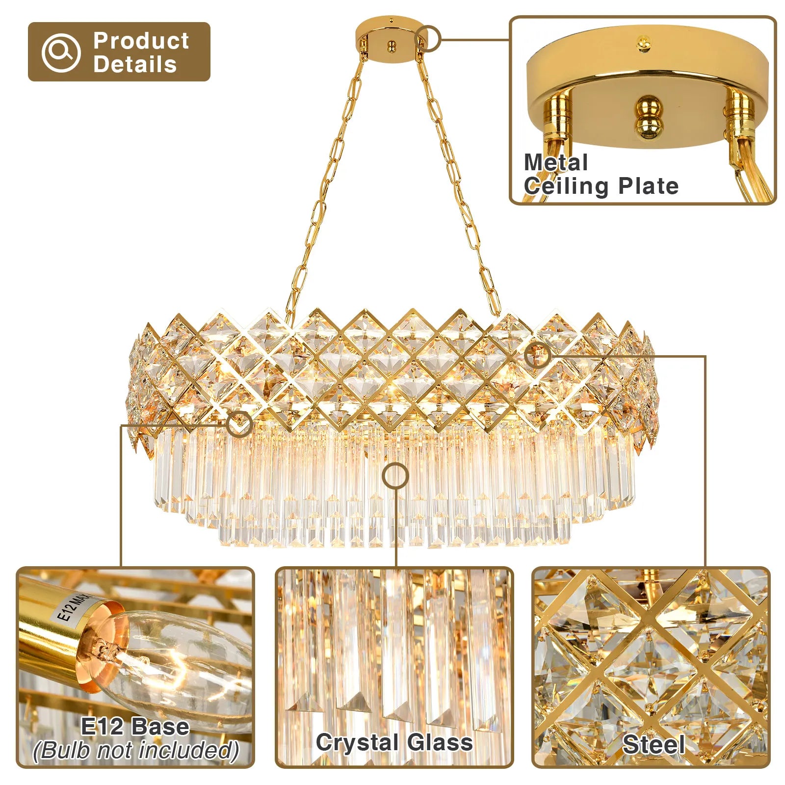 3-Tier Modern Crystal Chandelierfor Dining Room Bedroom Living Room Foyer Farmhouse,E12*4 Lights,15.75inch