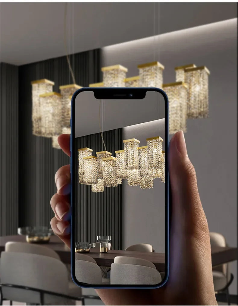 2024 New Modern Three-dimensional Crystal Chandelier Bar Lighting Island Luster Hotel Restaurant Decor Rectangular Hanging Light