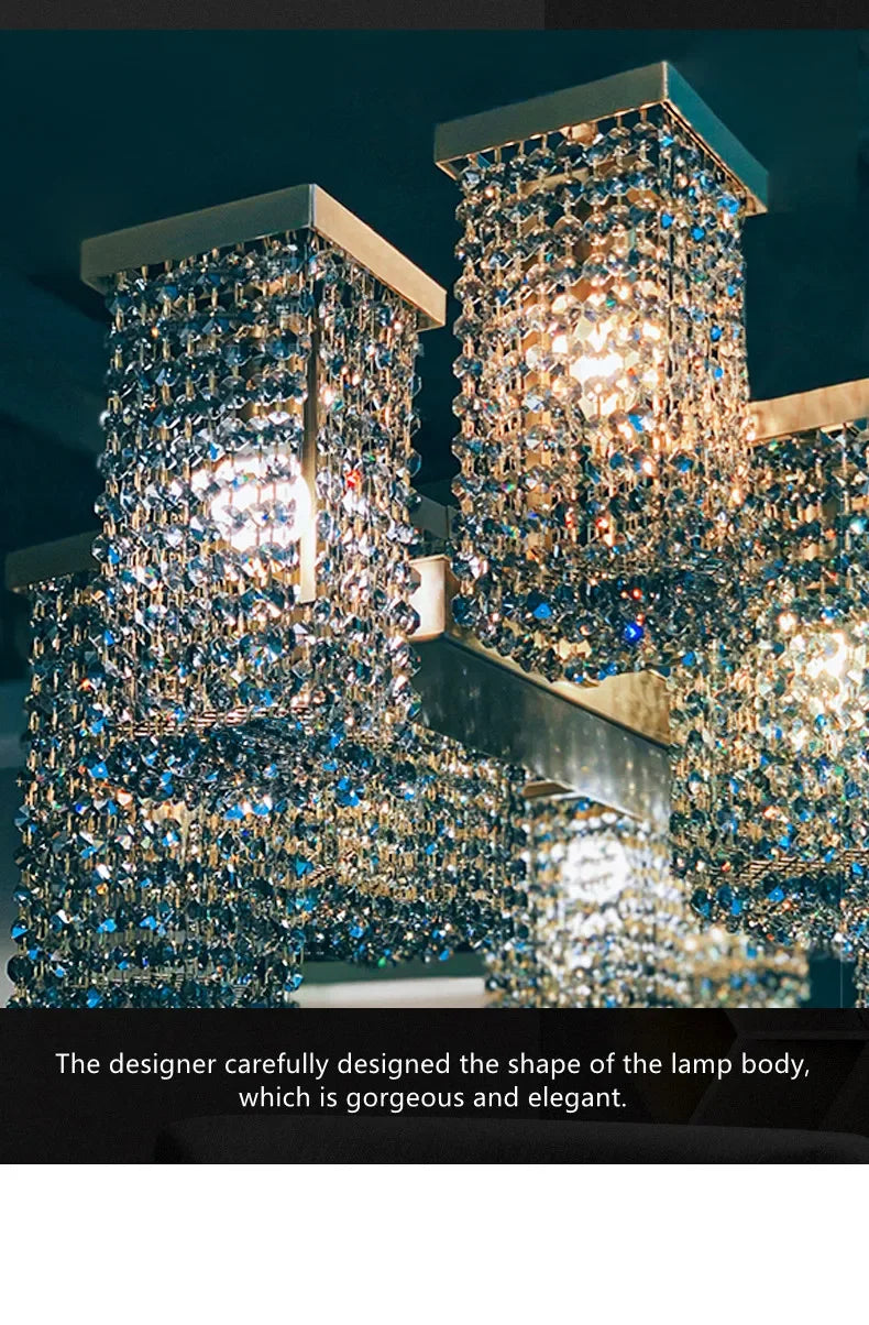 2024 New Modern Three-dimensional Crystal Chandelier Bar Lighting Island Luster Hotel Restaurant Decor Rectangular Hanging Light